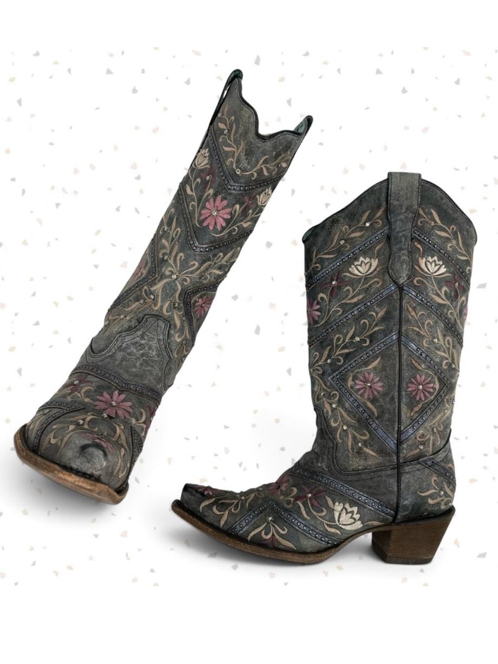 Corral Western Cowboy Boots Gray Floral Gems Embroidered Country Concert Size 9